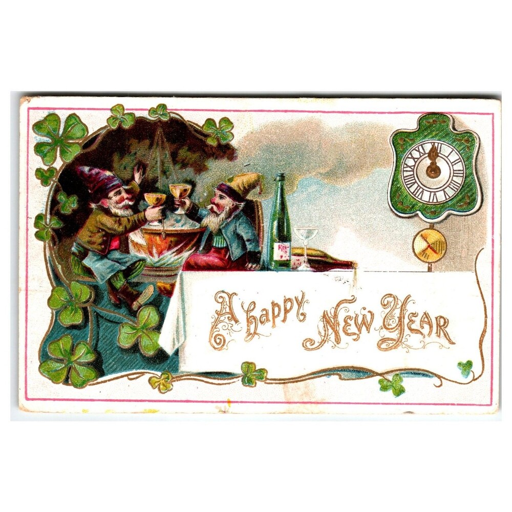 1907 Embossed New Year Postcard Gnomes Toasting Midnight Clover Luck